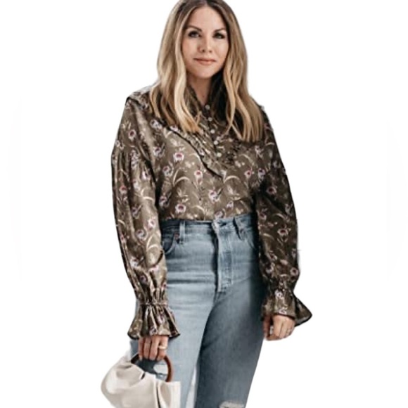 The Drop Cottage Core Olive Floral Ruffle Blouse by Ashley Robertson  XL NWT - Picture 3 of 16
